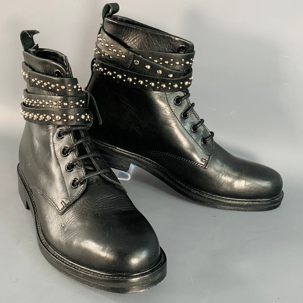 MAJE Size 7 Black Studded Leather Wrap Around Lace-Up Ankle Boots